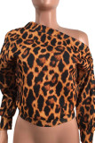 Leopard Print Casual Leopard Print Buttons Oblique Collar Long Sleeve Blouse
