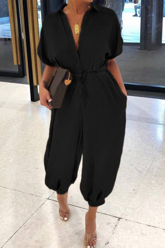 Black Casual Leopard Print Turndown Collar Short Sleeve Pocket Buckle Loose Vacation Harem Leg Jumpsuits