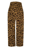 Brown Casual Leopard Flowers Stripe Print Pocket Loose High Waist Wide Leg Pants