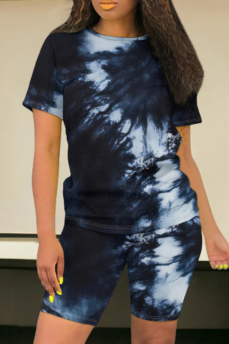 Black Casual Tie Dye Print O Neck Short Sleeve Oversize T-shirt And Shorts Two Pieces Shorts Sets