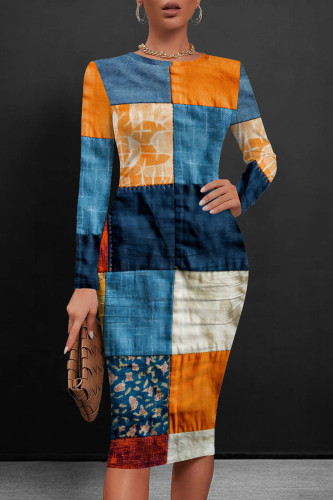 Blue Orange Casual Graphcis Print O Neck Long Sleeve Wrapped Skirt Bodycon Midi Dresses