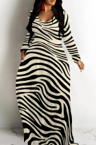 Light Khaki Casual Graphcis Print O Neck Long Sleeve Straight Floor Length Vacation Baggy Plus Size Maxi Dress