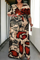 Apricot Casual Floral Print V Neck Three Quarter Lace Up Vacation Plus Size Loose Maxi Shirt Dresse