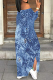 Medium Blue Casual Faux Denim Print Faux Denim Print Off Shoulder Long Sleeve Side Slit Vacation Bodycon Maxi Dress Off Shoulder Lace Up Slit Dresses