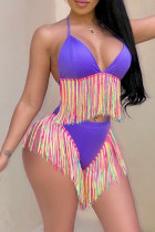 Purple Sleeveless Fringed Trim Halter Bikini And Mini Shorts Sportswear Vacation Beach Swimwears