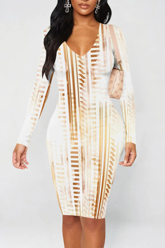 Orange White Casual Geometric Print V Neck Long Sleeve Bodycon Midi Dresses