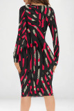 Orange White Casual Geometric Print V Neck Long Sleeve Bodycon Midi Dresses