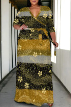 Black Yellow Casual Floral Print V Neck Three Quarter Lace Up Vacation Plus Size Loose Maxi Shirt Dresse
