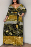 Apricot Casual Floral Print V Neck Three Quarter Lace Up Vacation Plus Size Loose Maxi Shirt Dresse