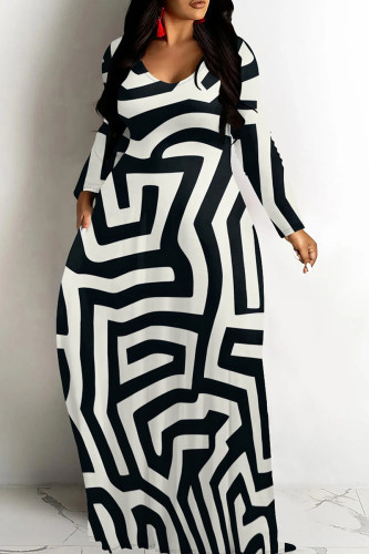 Black And White Casual Graphcis Print O Neck Long Sleeve Straight Floor Length Vacation Baggy Plus Size Maxi Dress