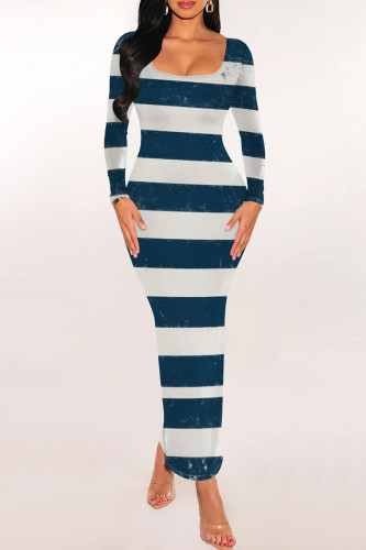 Blue White Casual Graphics Print Long Sleeve U Neck Wrapped Skirt Bodycon Midi Dresses
