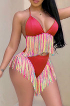 Red Sleeveless Fringed Trim Halter Bikini And Mini Shorts Sportswear Vacation Beach Swimwears