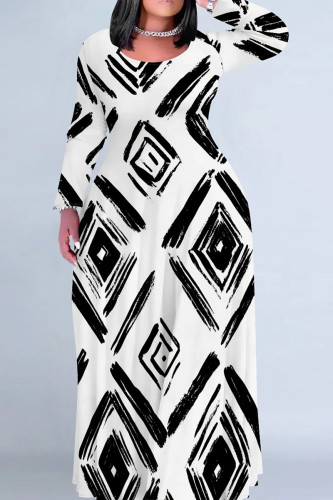 White Black Casual Graphcis Print O Neck Long Sleeve Straight Floor Length Vacation Baggy Plus Size Maxi Dress