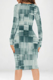 Orange White Casual Geometric Print V Neck Long Sleeve Bodycon Midi Dresses