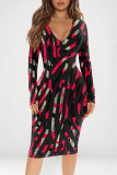 Orange White Casual Geometric Print V Neck Long Sleeve Bodycon Midi Dresses