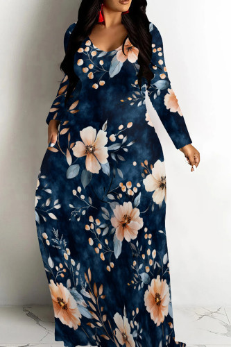 Dark Blue Casual Graphcis Print O Neck Long Sleeve Straight Floor Length Vacation Baggy Plus Size Maxi Dress