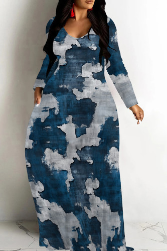 Gray Blue Casual Graphcis Print O Neck Long Sleeve Straight Floor Length Vacation Baggy Plus Size Maxi Dress