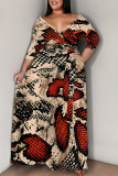 Apricot Casual Floral Print V Neck Three Quarter Lace Up Vacation Plus Size Loose Maxi Shirt Dresse
