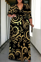 Black Casual Floral Print V Neck Three Quarter Lace Up Vacation Plus Size Loose Maxi Shirt Dresse