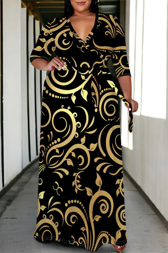 Black Casual Floral Print V Neck Three Quarter Lace Up Vacation Plus Size Loose Maxi Shirt Dresse