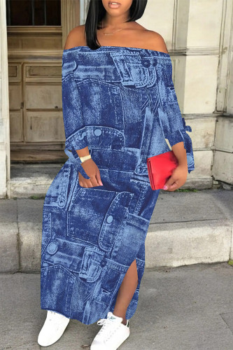Blue Casual Faux Denim Print Faux Denim Print Off Shoulder Long Sleeve Side Slit Vacation Bodycon Maxi Dress Off Shoulder Lace Up Slit Dresses