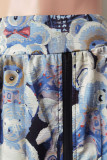 Deep Blue Casual Graphics Print Zipper Loose Mid Waist Side Slit Maxi Skirt