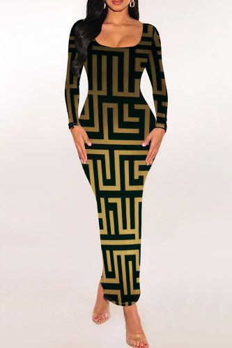 Black Gold Casual Graphics Print Long Sleeve U Neck Wrapped Skirt Bodycon Midi Dresses