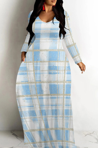 Sky Blue Casual Graphcis Print O Neck Long Sleeve Straight Floor Length Vacation Baggy Plus Size Maxi Dress