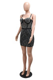 Black Hot Drilling Sleeveless Backless Spaghetti Strap Wrapped Skirt Formal Evening Party Bodycon Mini Slip Dresses