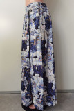Deep Blue Casual Graphics Print Zipper Loose Mid Waist Side Slit Maxi Skirt