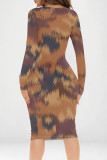 Orange White Casual Geometric Print V Neck Long Sleeve Bodycon Midi Dresses