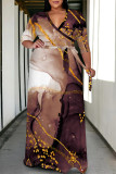 Apricot Casual Floral Print V Neck Three Quarter Lace Up Vacation Plus Size Loose Maxi Shirt Dresse