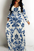 Cream White Casual Graphcis Print O Neck Long Sleeve Straight Floor Length Vacation Baggy Plus Size Maxi Dress