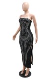 Black Hot Drilling Backless Strapless Slit Long Formal Evening Party Bodycon Tube Maxi Dresses