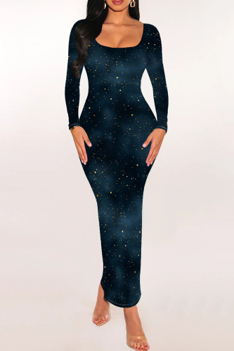 Tibetan Blue Casual Graphics Print Long Sleeve U Neck Wrapped Skirt Bodycon Midi Dresses