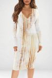 Orange White Casual Geometric Print V Neck Long Sleeve Bodycon Midi Dresses