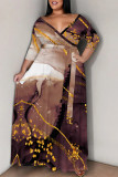 Apricot Casual Floral Print V Neck Three Quarter Lace Up Vacation Plus Size Loose Maxi Shirt Dresse