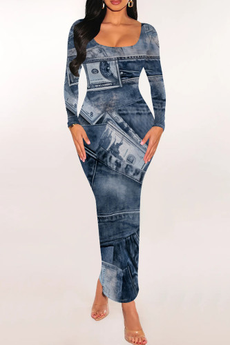 Gray Blue Casual Graphics Print Long Sleeve U Neck Wrapped Skirt Bodycon Midi Dresses