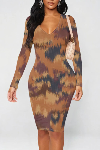 Brown Casual Geometric Print V Neck Long Sleeve Bodycon Midi Dresses