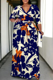 Apricot Casual Floral Print V Neck Three Quarter Lace Up Vacation Plus Size Loose Maxi Shirt Dresse