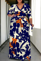 Blue Casual Floral Print V Neck Three Quarter Lace Up Vacation Plus Size Loose Maxi Shirt Dresse