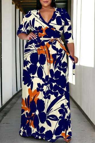Blue Casual Floral Print V Neck Three Quarter Lace Up Vacation Plus Size Loose Maxi Shirt Dresse