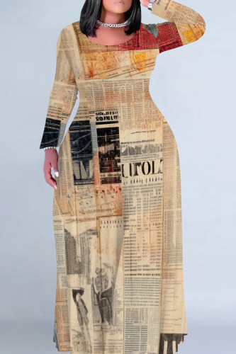 Light Orange Casual Graphcis Print O Neck Long Sleeve Straight Floor Length Vacation Baggy Plus Size Maxi Dress