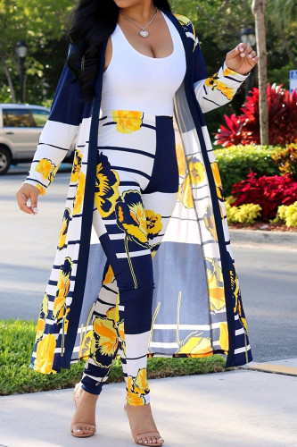 Blue Casual Floral Print Cardigan Collar Long Sleeve Longline Jackets And Skinny Pants Plus Size Vacation Two Pieces Trouser Sets