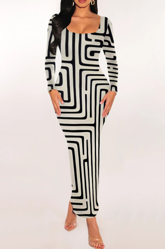 Cream White Casual Graphics Print Long Sleeve U Neck Wrapped Skirt Bodycon Midi Dresses