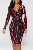 Orange White Casual Geometric Print V Neck Long Sleeve Bodycon Midi Dresses