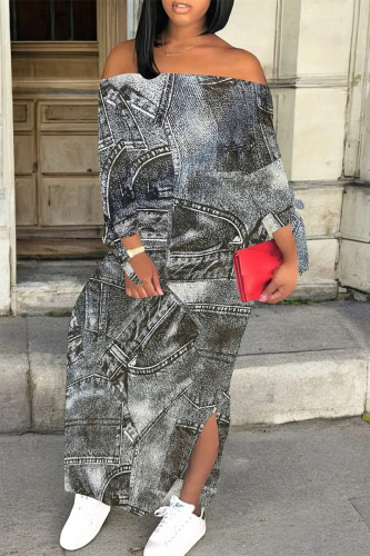 Gray Blue Casual Faux Denim Print Faux Denim Print Off Shoulder Long Sleeve Side Slit Vacation Bodycon Maxi Dress Off Shoulder Lace Up Slit Dresses