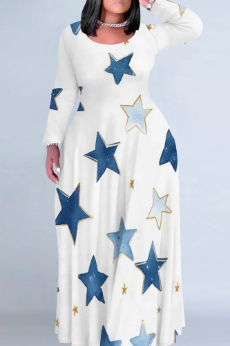 White Blue Casual Graphcis Print O Neck Long Sleeve Straight Floor Length Vacation Baggy Plus Size Maxi Dress