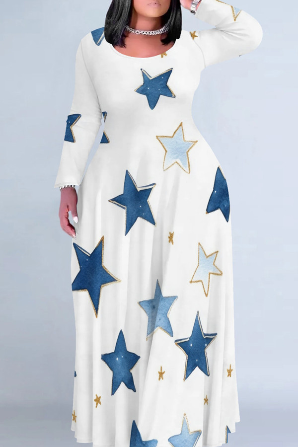 White Blue Casual Graphcis Print O Neck Long Sleeve Straight Floor Length Vacation Baggy Plus Size Maxi Dress