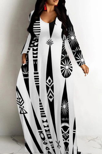 White Black Casual Graphcis Print O Neck Long Sleeve Straight Floor Length Vacation Baggy Plus Size Maxi Dress